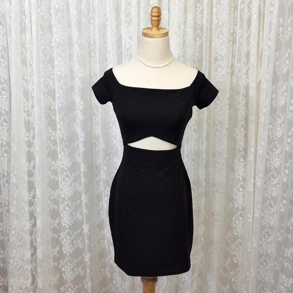 Privy Black Sparkly Cut Out Bodycon Mini Dress Women's M Cap Sleeves Glamour‎